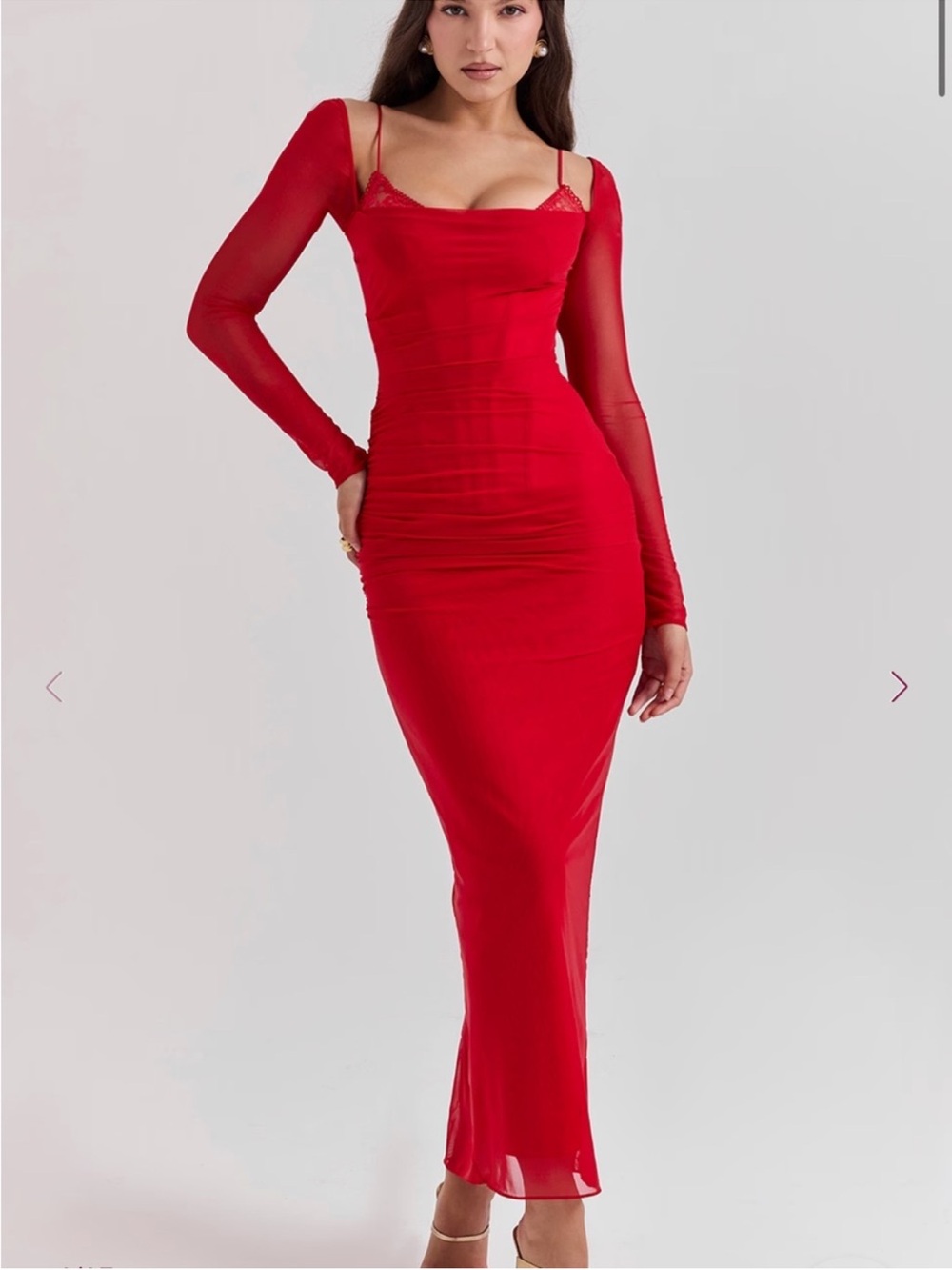 House of CB "Katarina" Scarlet Mesh Corset Maxi Dress | Red | Formal Gown